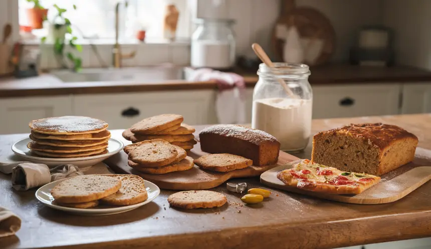 Homemade baked goods made from sourdough discard on a rustic kitchen countertop