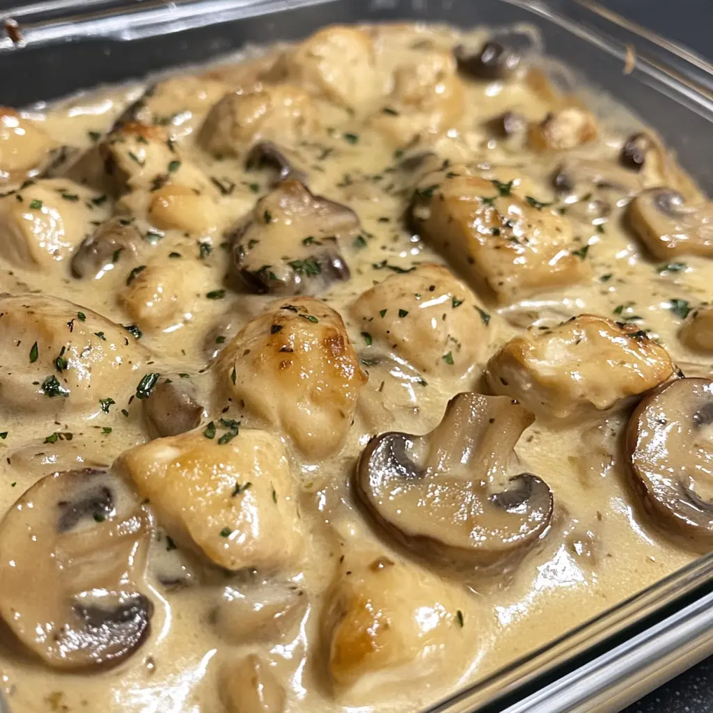 Creamy chicken and mushroom bake with golden-brown chicken chunks and sliced mushrooms in a thick, savory cream sauce.