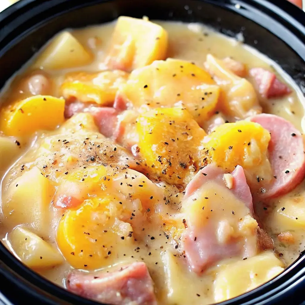 Slow cooker ham and potatoes with melted cheese and black pepper