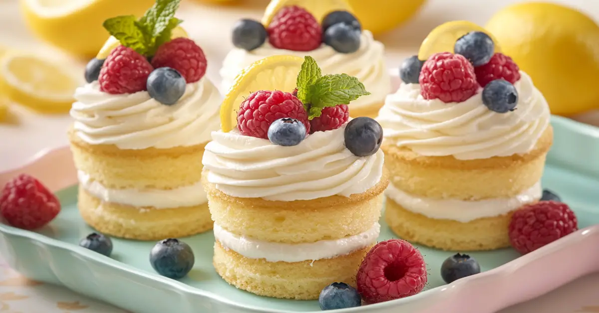 Lemon tiramisu cups topped with fresh berries and mint, layered with mascarpone cream and lemon-soaked ladyfingers.
