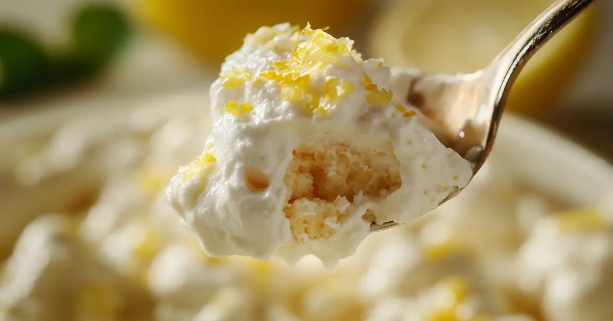 Close-up of creamy lemon mascarpone tiramisu layers with lemon zest and soaked ladyfingers on a spoon.
