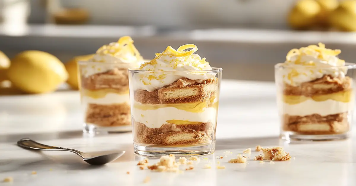 Glass cups of lemon mascarpone tiramisu layered with ladyfingers, lemon zest, and cream, served with lemon peel garnish.