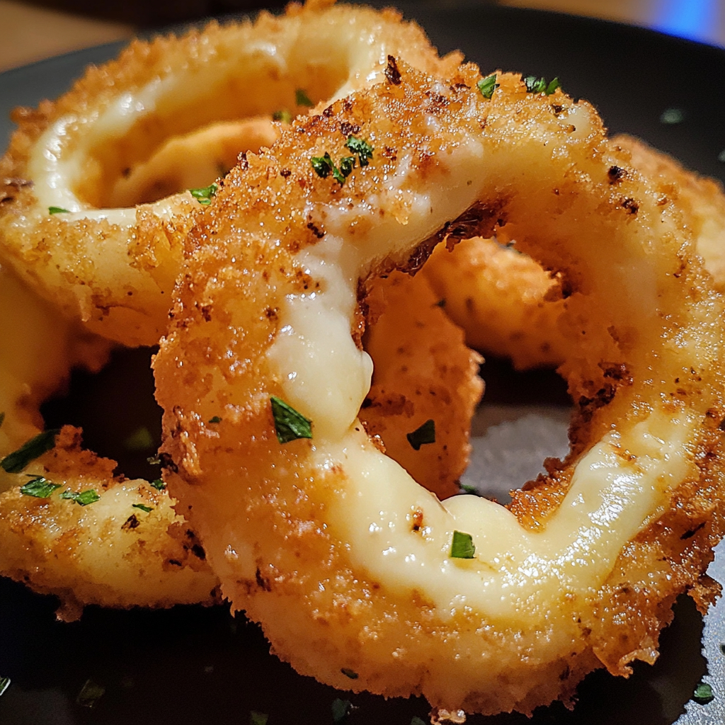 Close-up of crispy golden-brown onion rings stuffed with melted mozzarella cheese and garnished with chopped parsley.