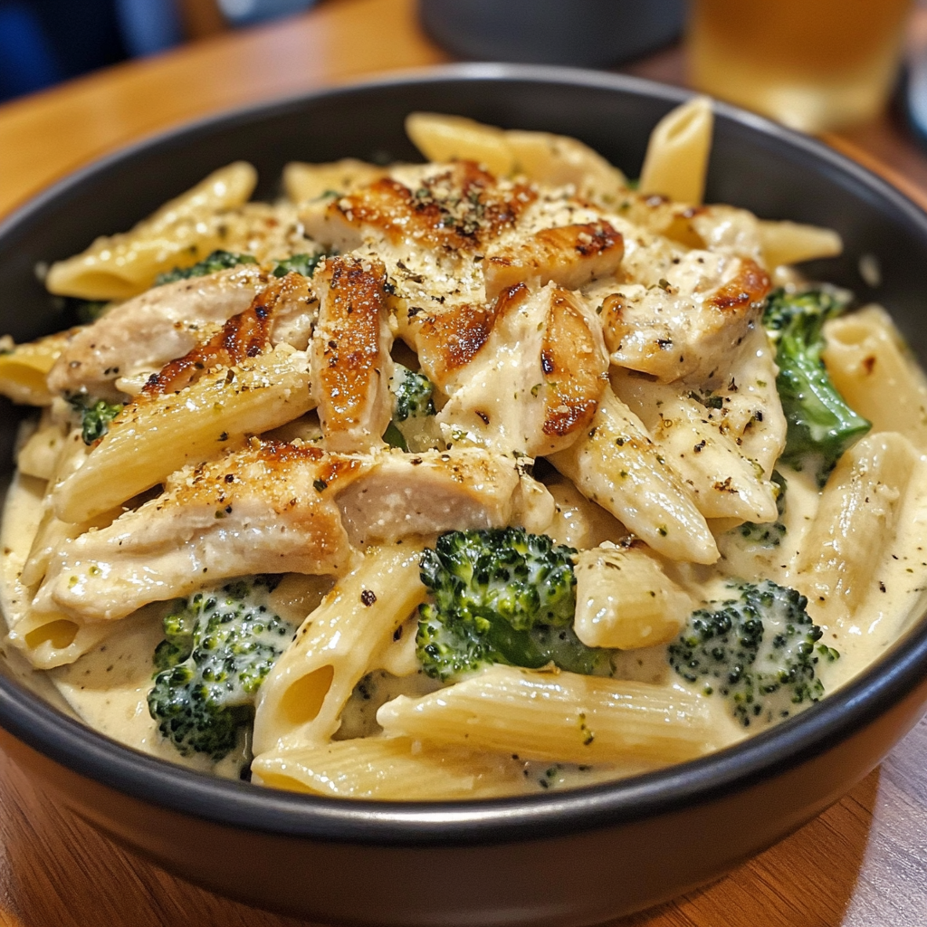 Creamy penne pasta with grilled chicken and broccoli in a garlic Alfredo sauce