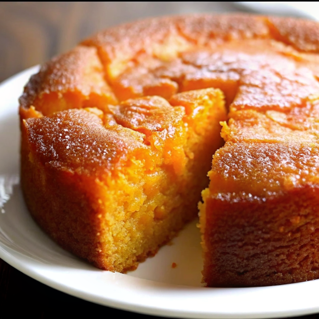 Close-up of a moist and golden-brown sweet potato butter cake with a slice cut out.