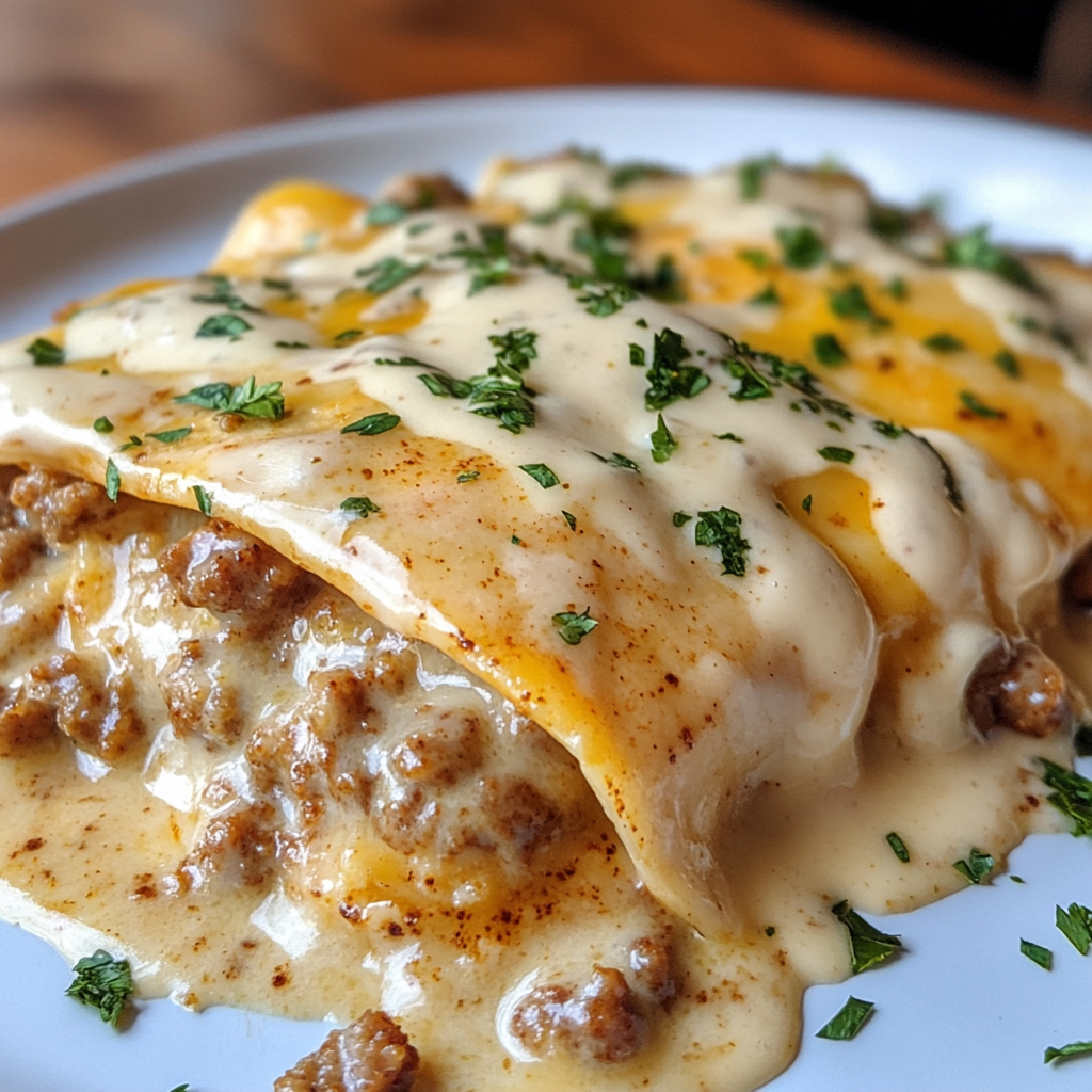 Southern breakfast enchiladas filled with sausage and smothered in creamy gravy, topped with chopped herbs