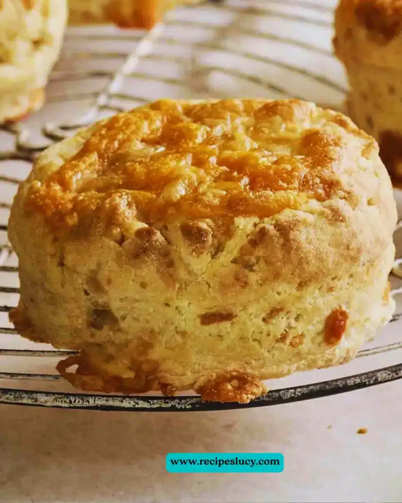 Freshly baked cheese scones on a wooden table, perfect for tea time.
