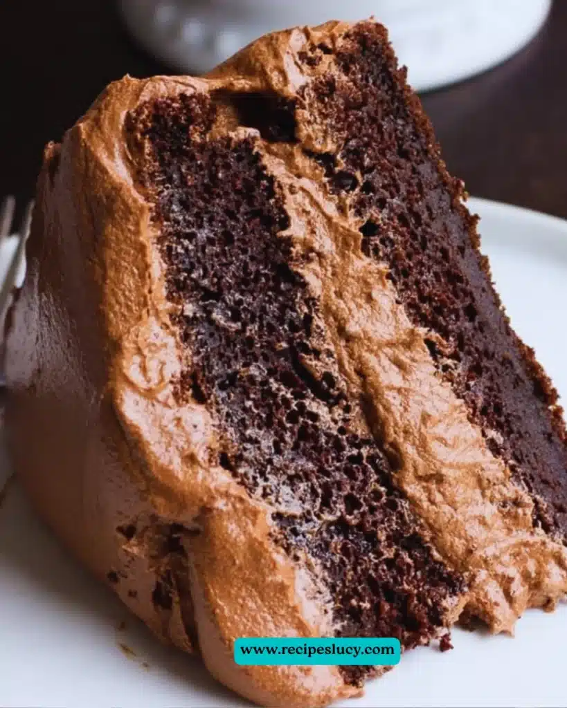 Delicious slice of the best vegan chocolate cake on a white plate
