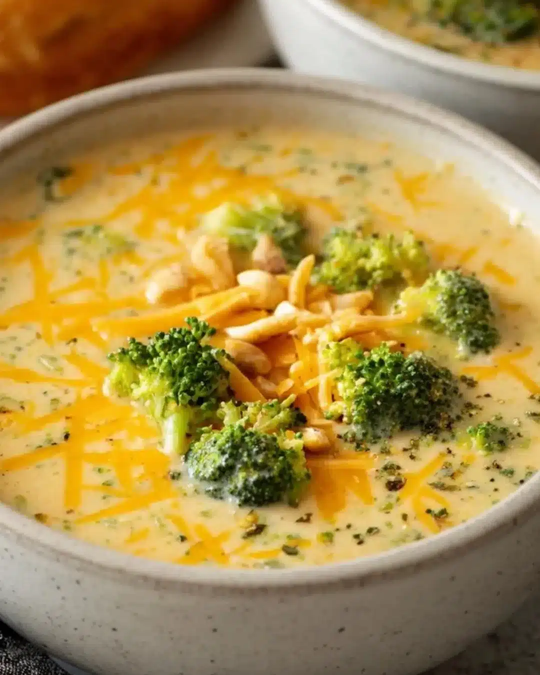 Bowl of creamy broccoli cheese soup topped with cheddar cheese and fresh herbs