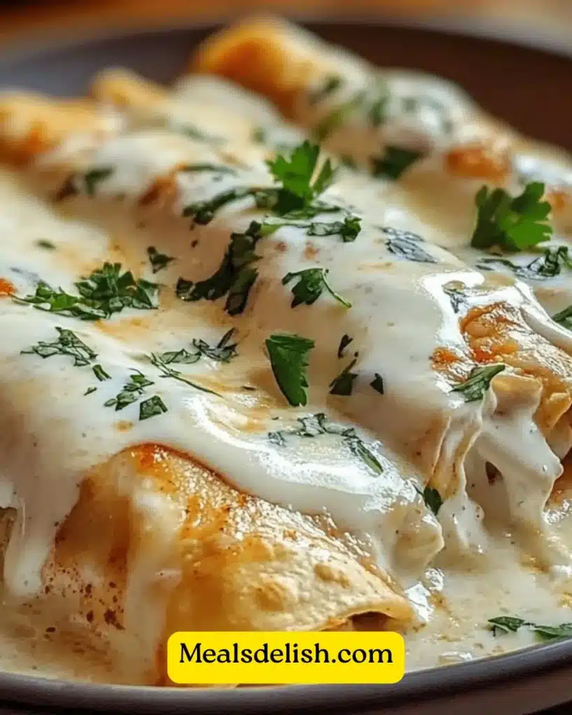 Delicious chicken enchiladas with sour cream white sauce on a plate