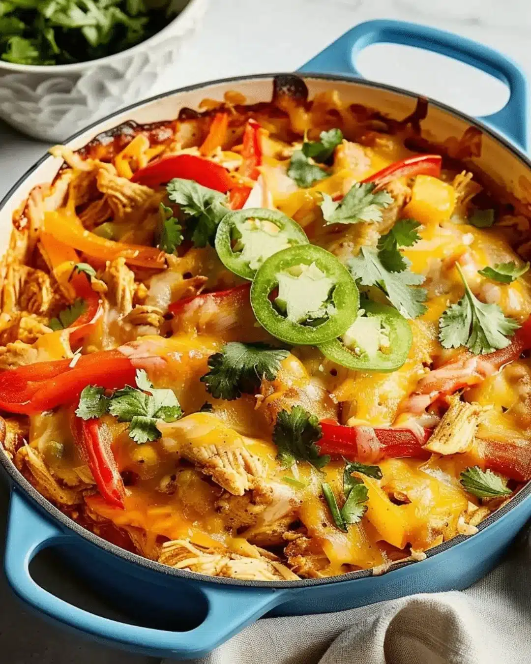 Delicious chicken fajita casserole topped with cheese and peppers in a baking dish.