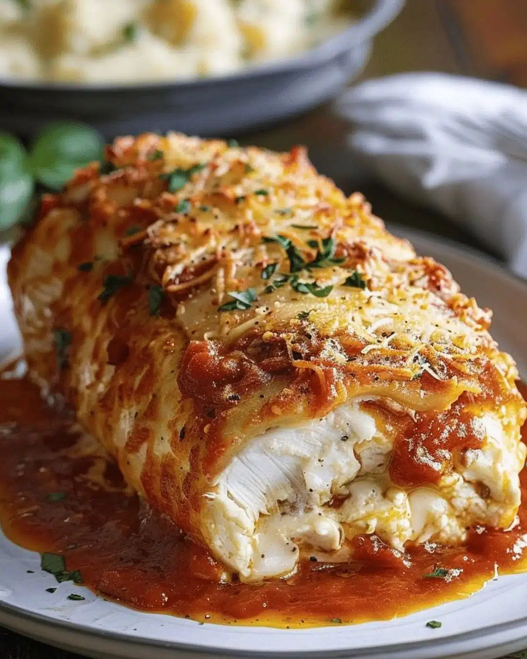 Delicious chicken parmesan stuffed with cream cheese on a plate