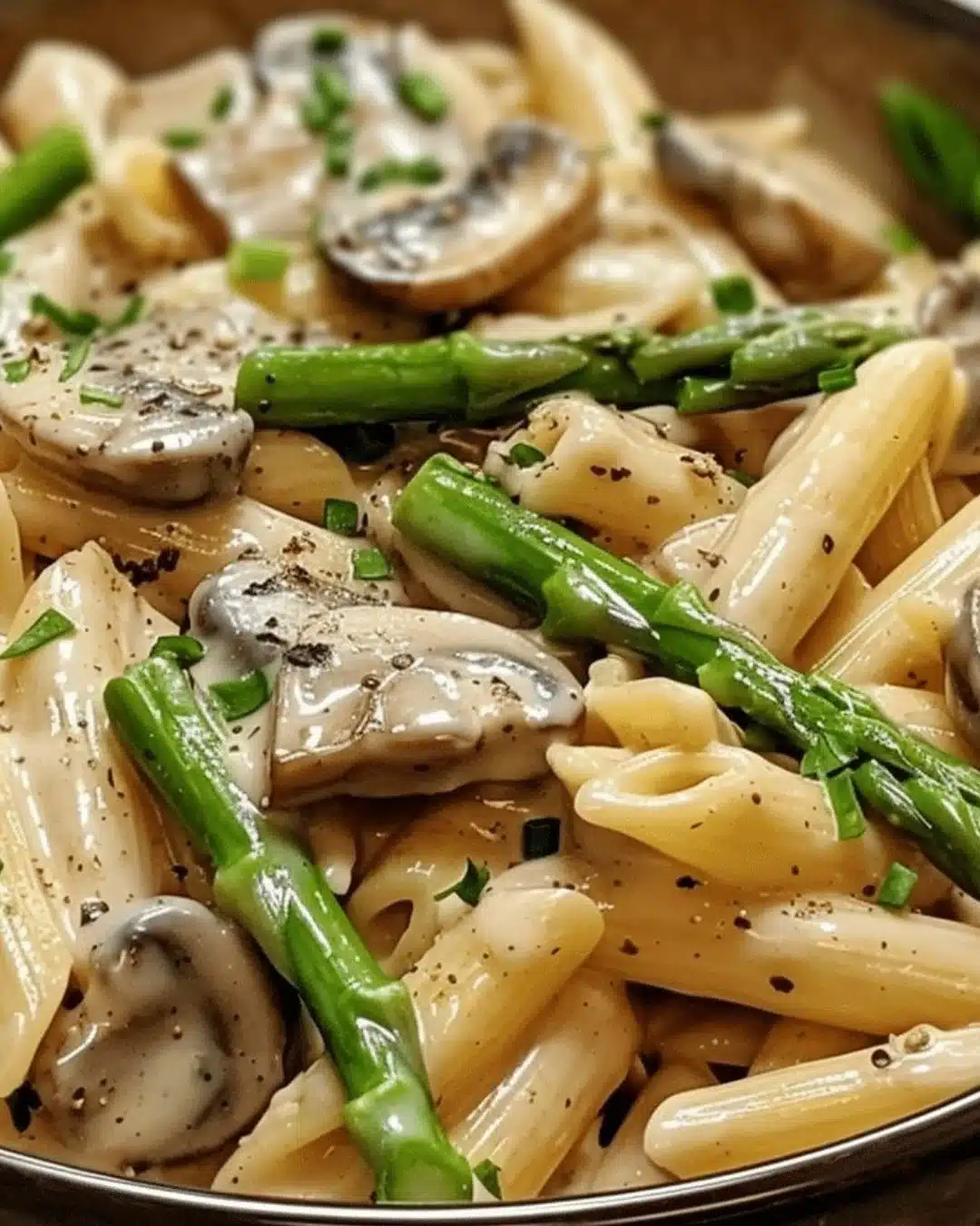 Creamy mushroom asparagus chicken penne served in a bowl with herbs