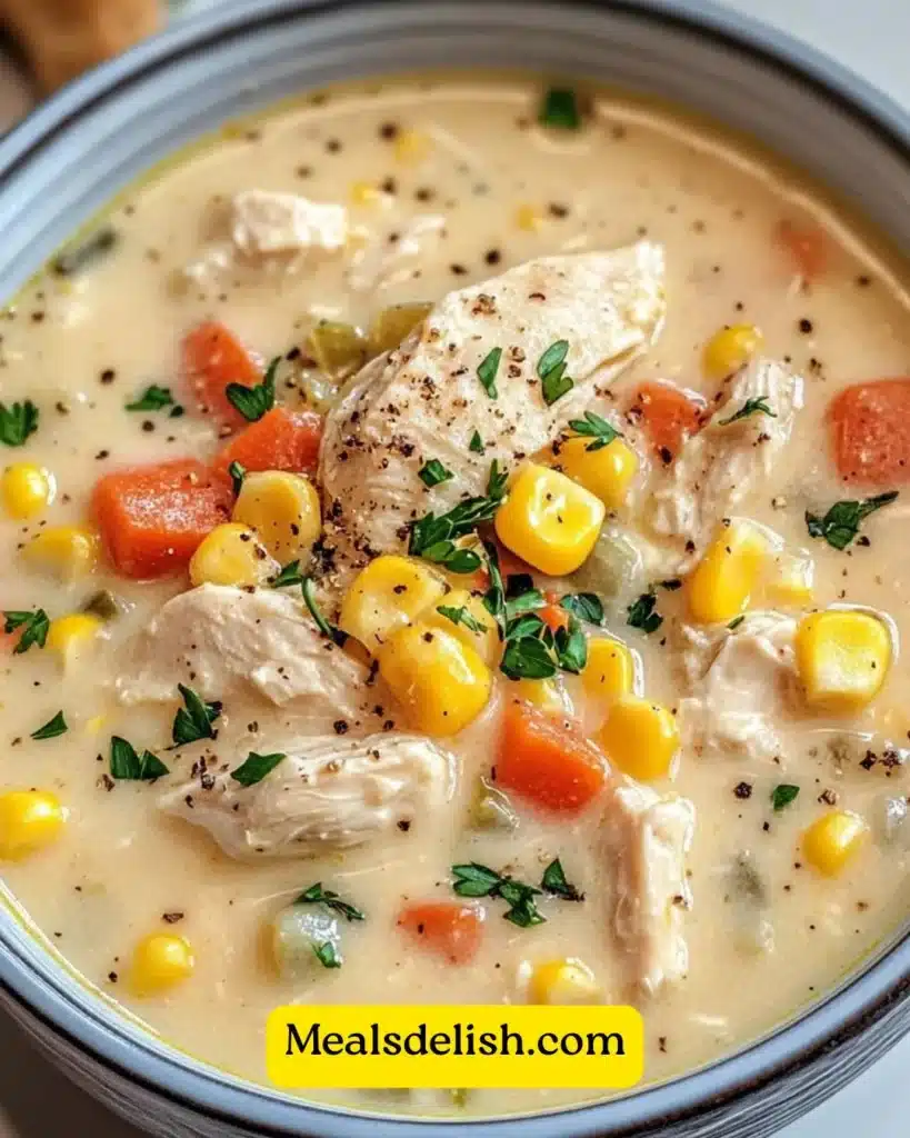 Bowl of creamy Crockpot Chicken Corn Chowder served with crackers