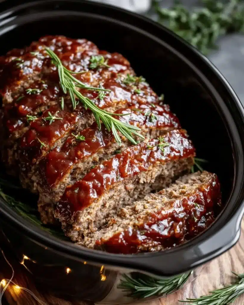 Delicious Crockpot Meatloaf served with mashed potatoes and green beans