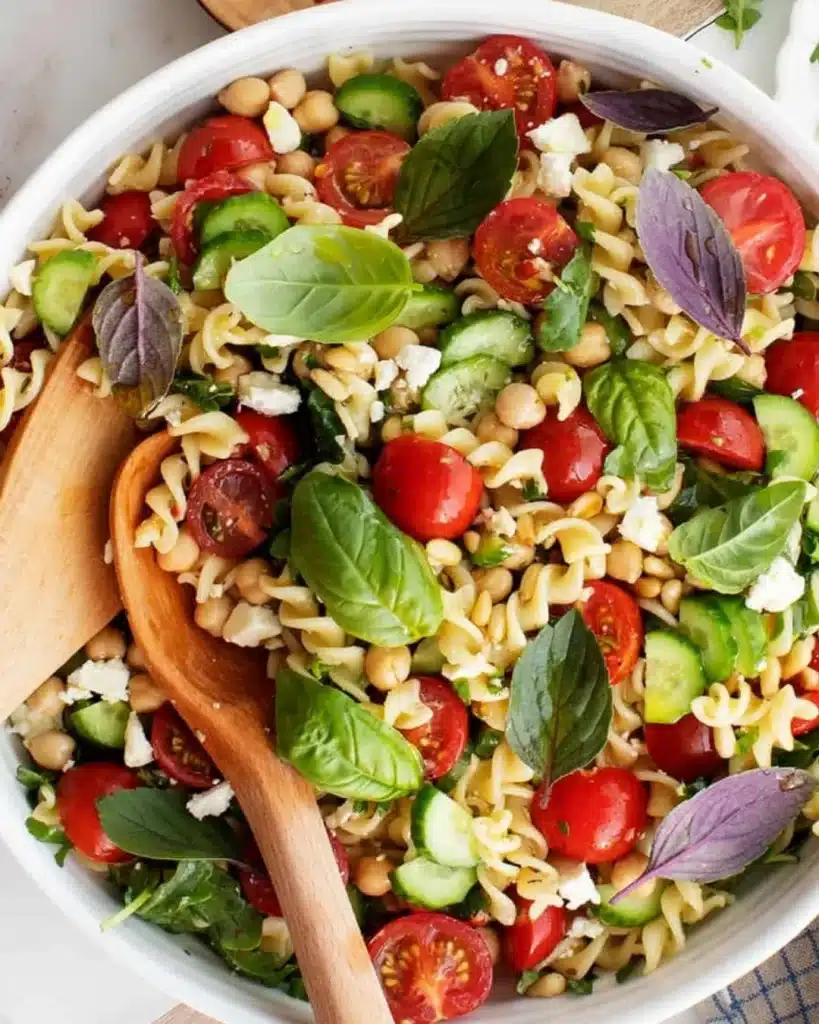 Colorful easy pasta salad with vegetables and dressing served in a bowl