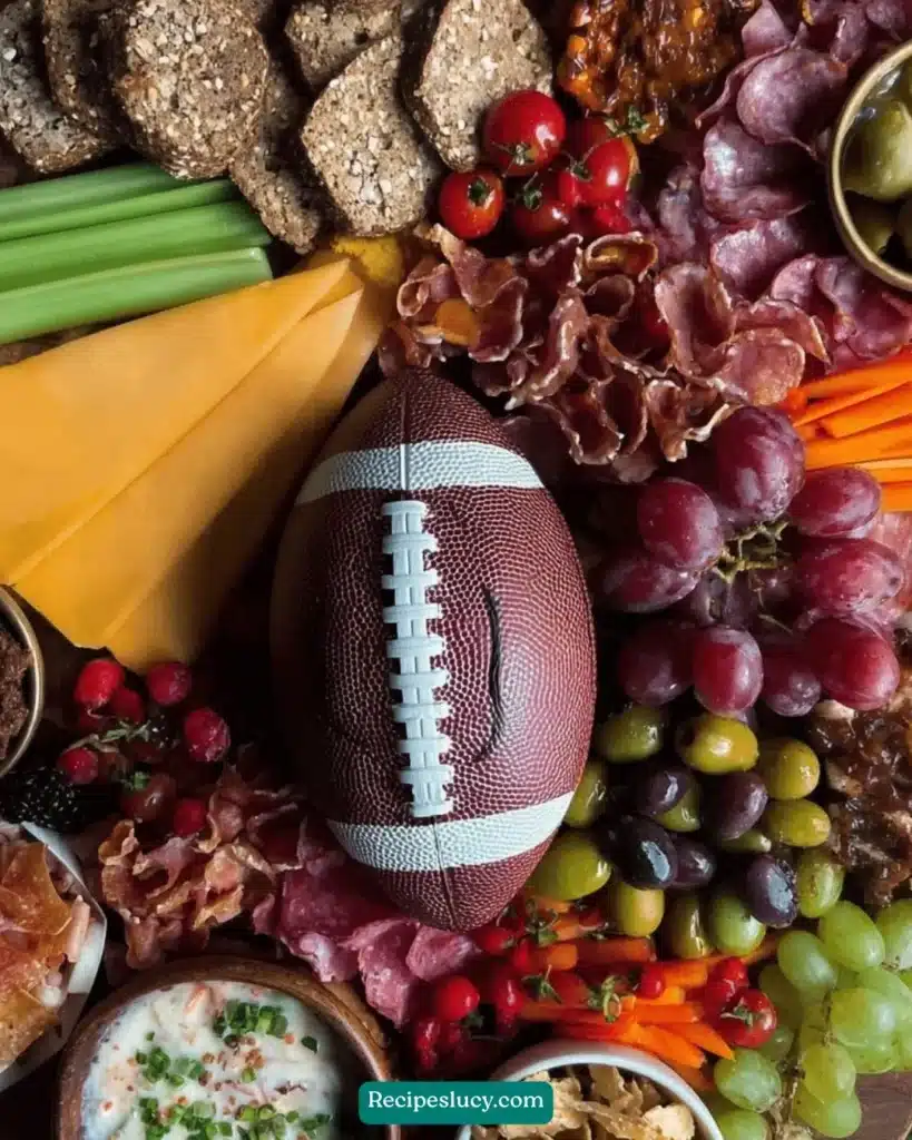 Delicious Football Charcuterie Board with meats, cheeses, and game day snacks