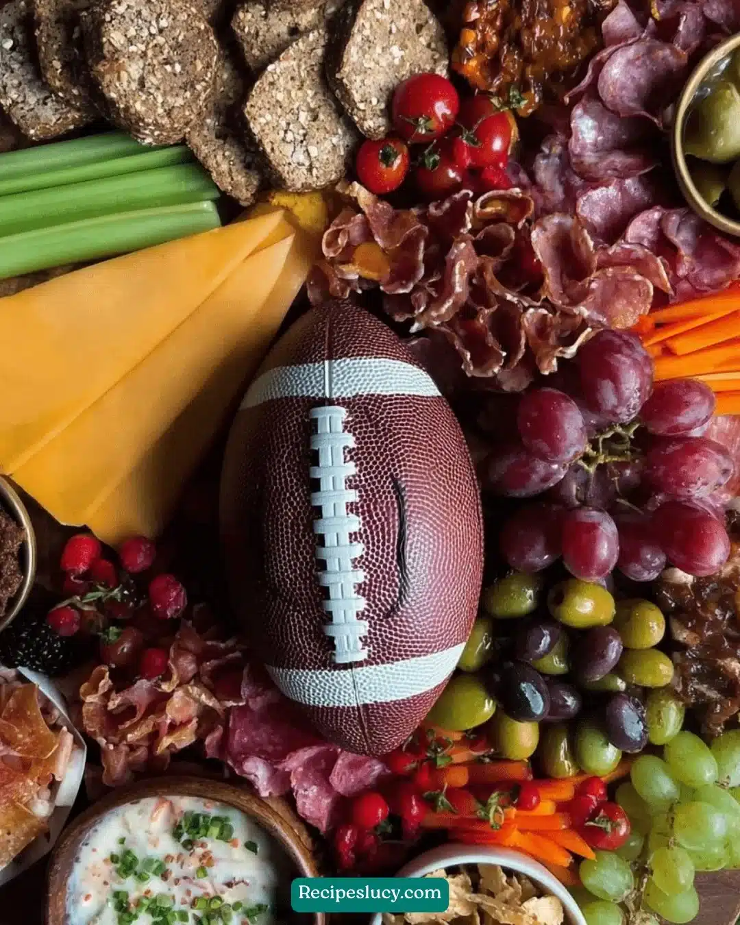 Delicious Football Charcuterie Board with meats, cheeses, and game day snacks