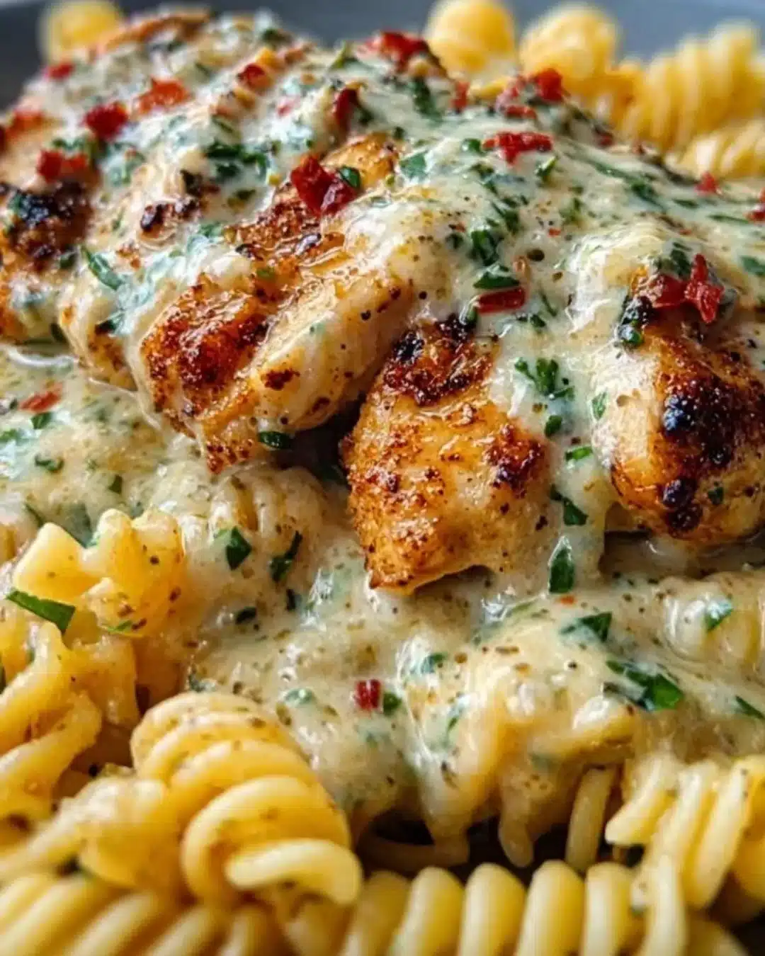 Delicious Garlic Butter Chicken served with rotini pasta