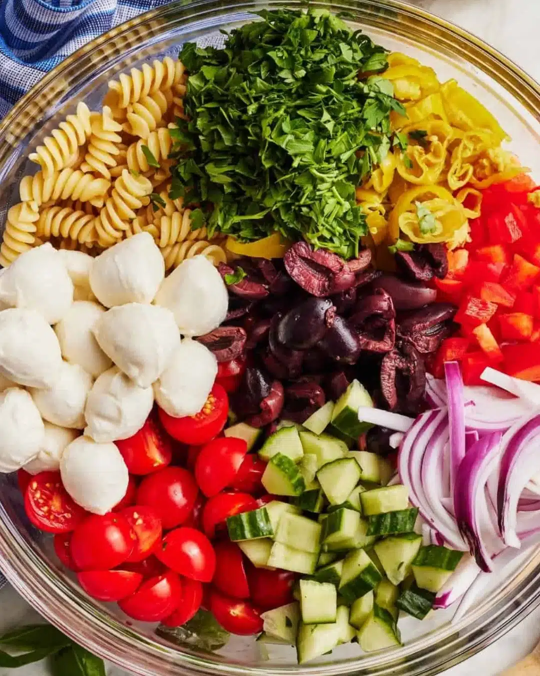 Colorful Italian Pasta Salad with fresh vegetables and herbs