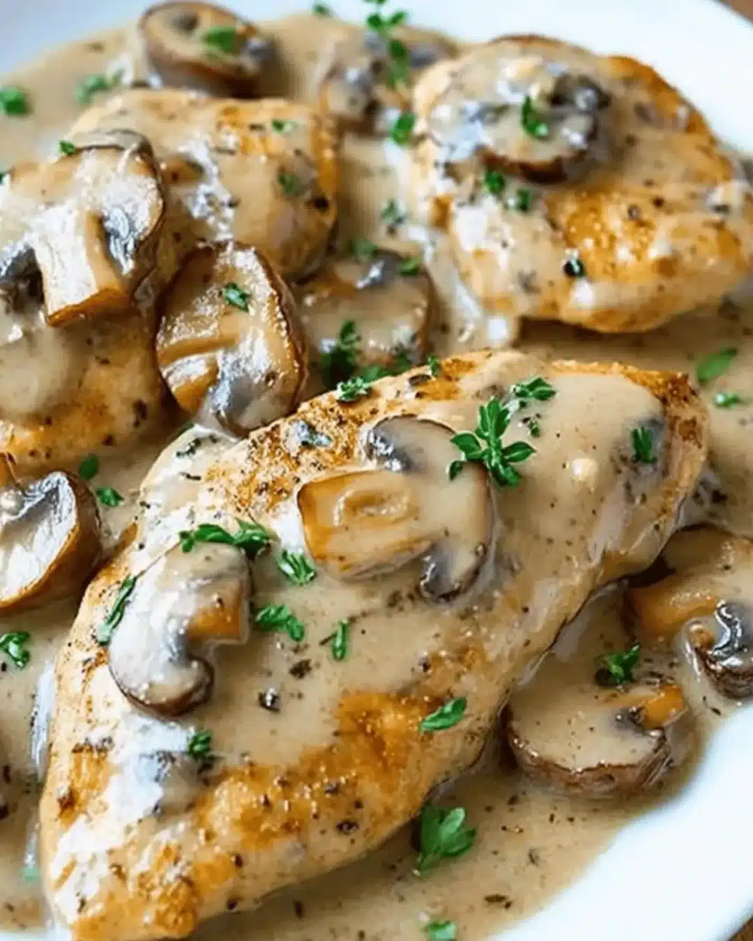 Delicious Mushroom Asiago Chicken served on a plate with fresh herbs