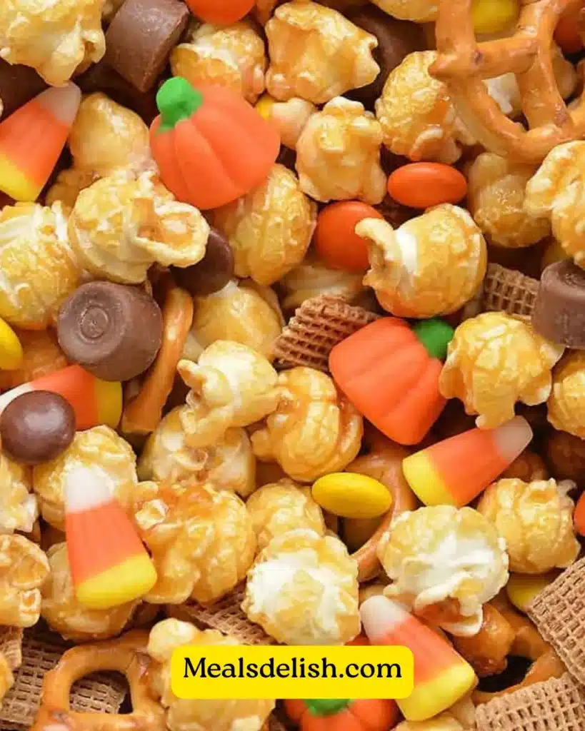 Scarecrow Crunch Snack Mix with colorful ingredients in a bowl.