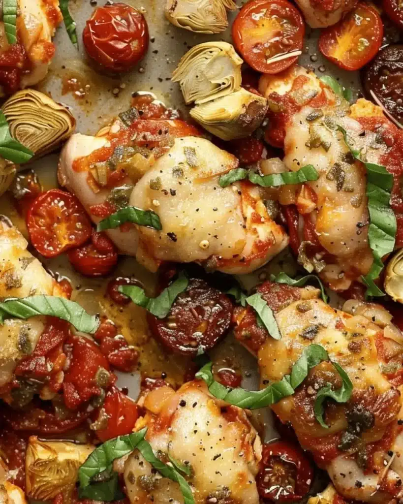 Sheet Pan Pesto Chicken garnished with fresh herbs and vegetables