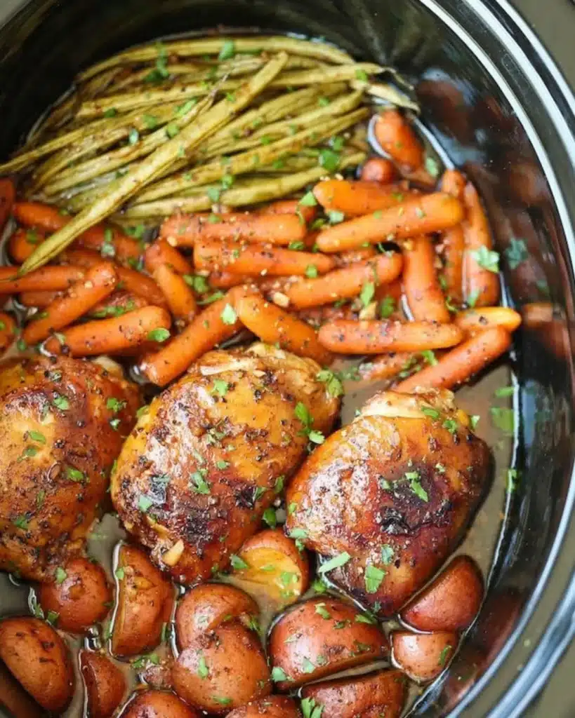 Slow Cooker Honey Garlic Chicken served with colorful vegetables