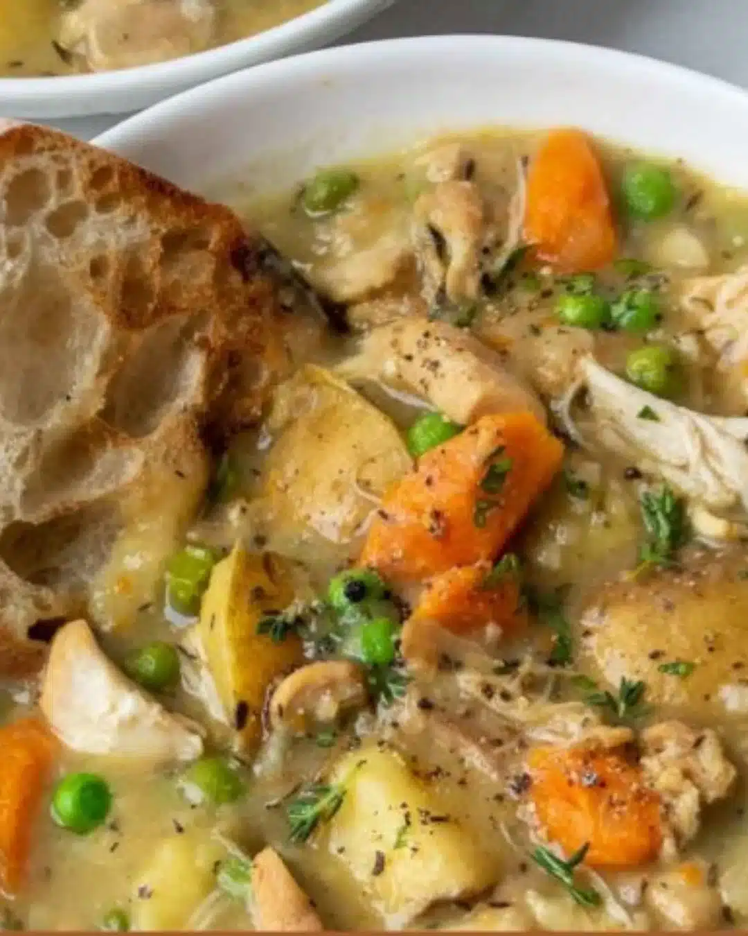 Bowl of slow cooker soup with fresh vegetables and herbs