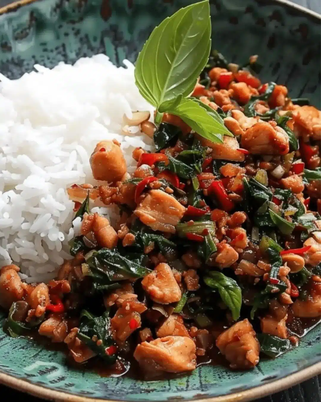 Delicious spicy Thai basil chicken served with fresh vegetables and rice
