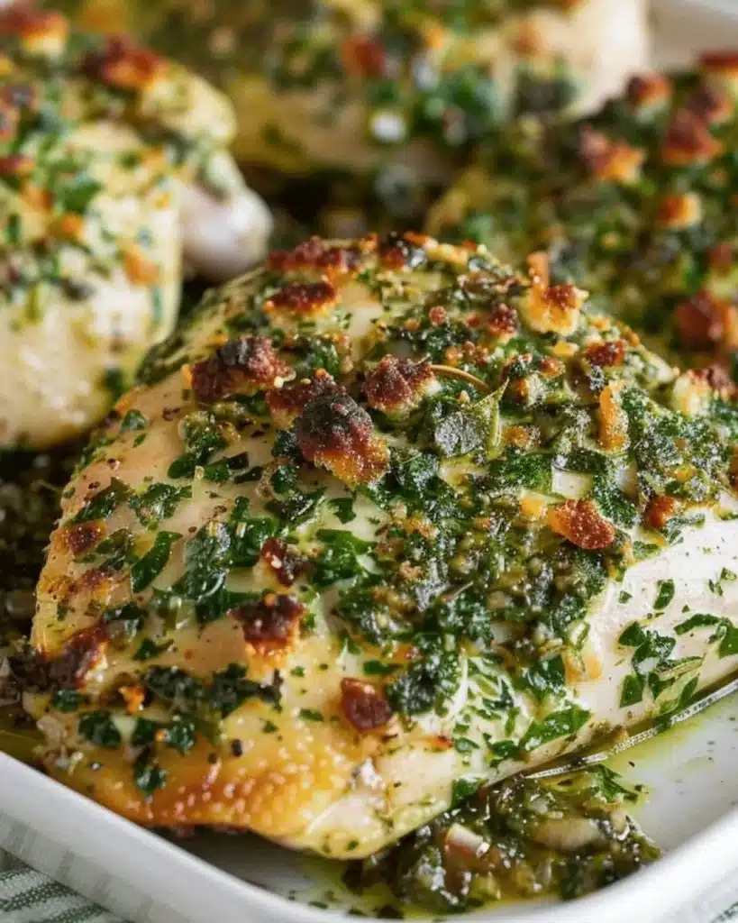 Delicious Spinach Herb Baked Chicken served on a plate with herbs