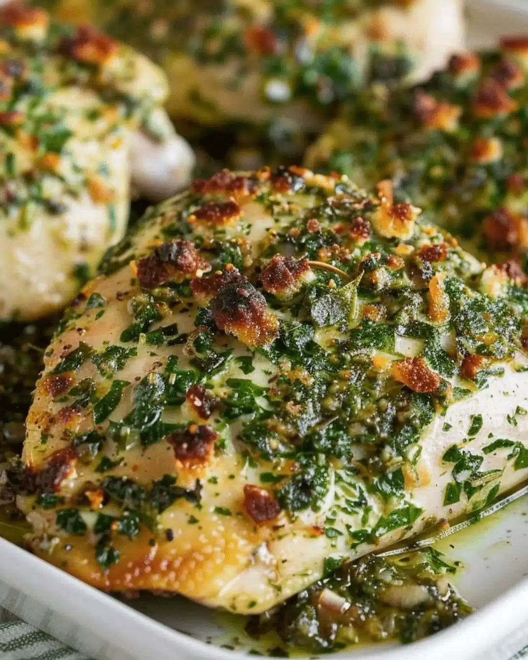 Delicious Spinach Herb Baked Chicken served on a plate with herbs