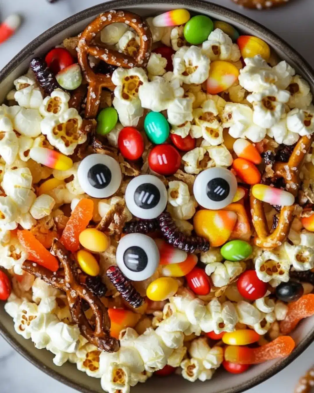Vampire Bite Trail Mix featuring nuts, chocolate, and dried fruits in a spooky Halloween theme.