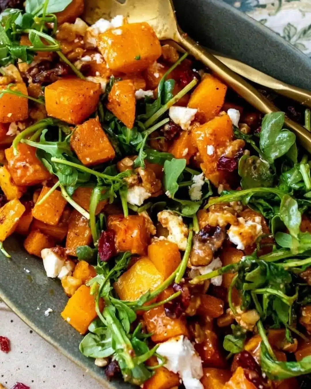 Butternut squash feta salad with greens and dressing in a bowl