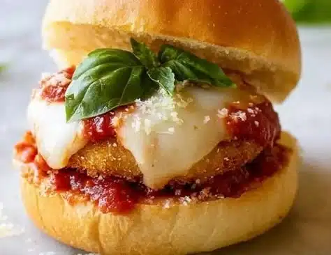 Chicken Parmesan meatball sliders served on a platter with marinara sauce