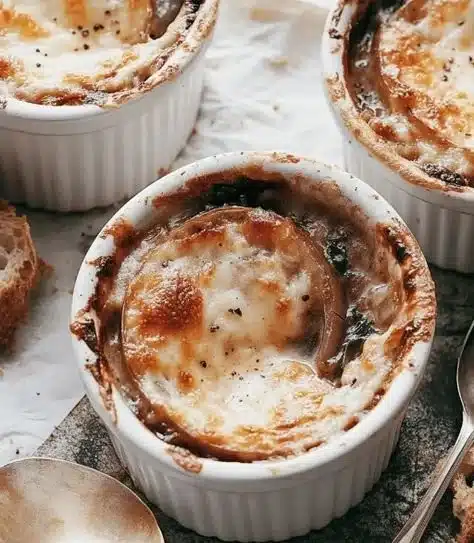 A steaming bowl of classic French onion soup topped with melted cheese and croutons.