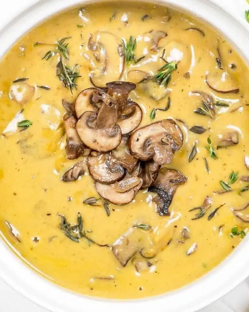 Delicious bowl of Cream of Mushroom Soup garnished with herbs