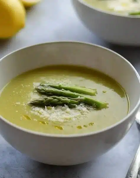 Creamy asparagus soup garnished with lemon slices in a bowl
