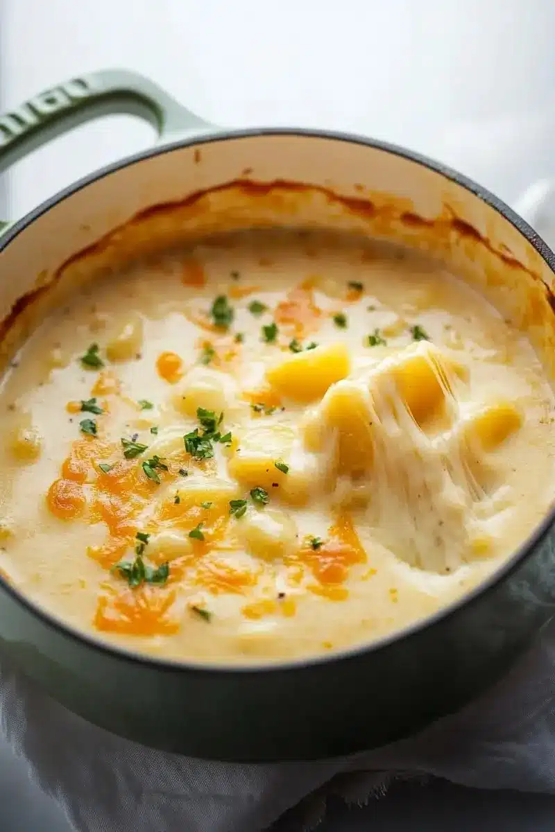Bowl of creamy cheesy potato soup topped with herbs and cheese
