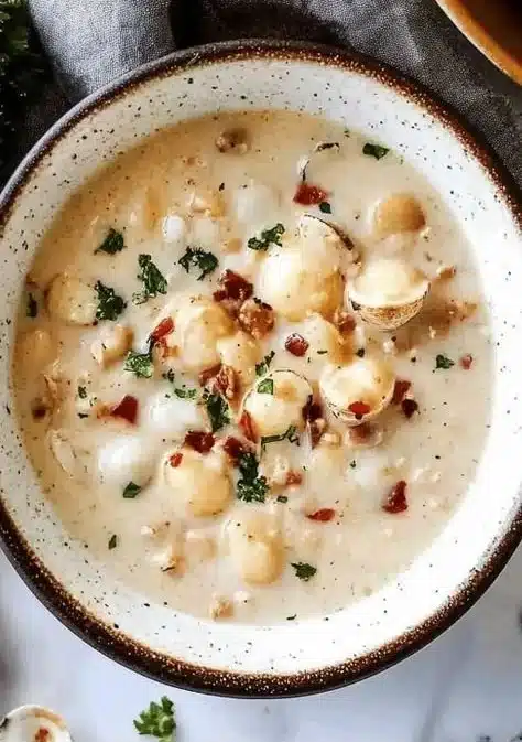 Bowl of creamy New England clam chowder with clams and herbs