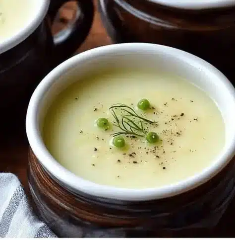 Bowl of creamy potato leek soup garnished with fresh herbs