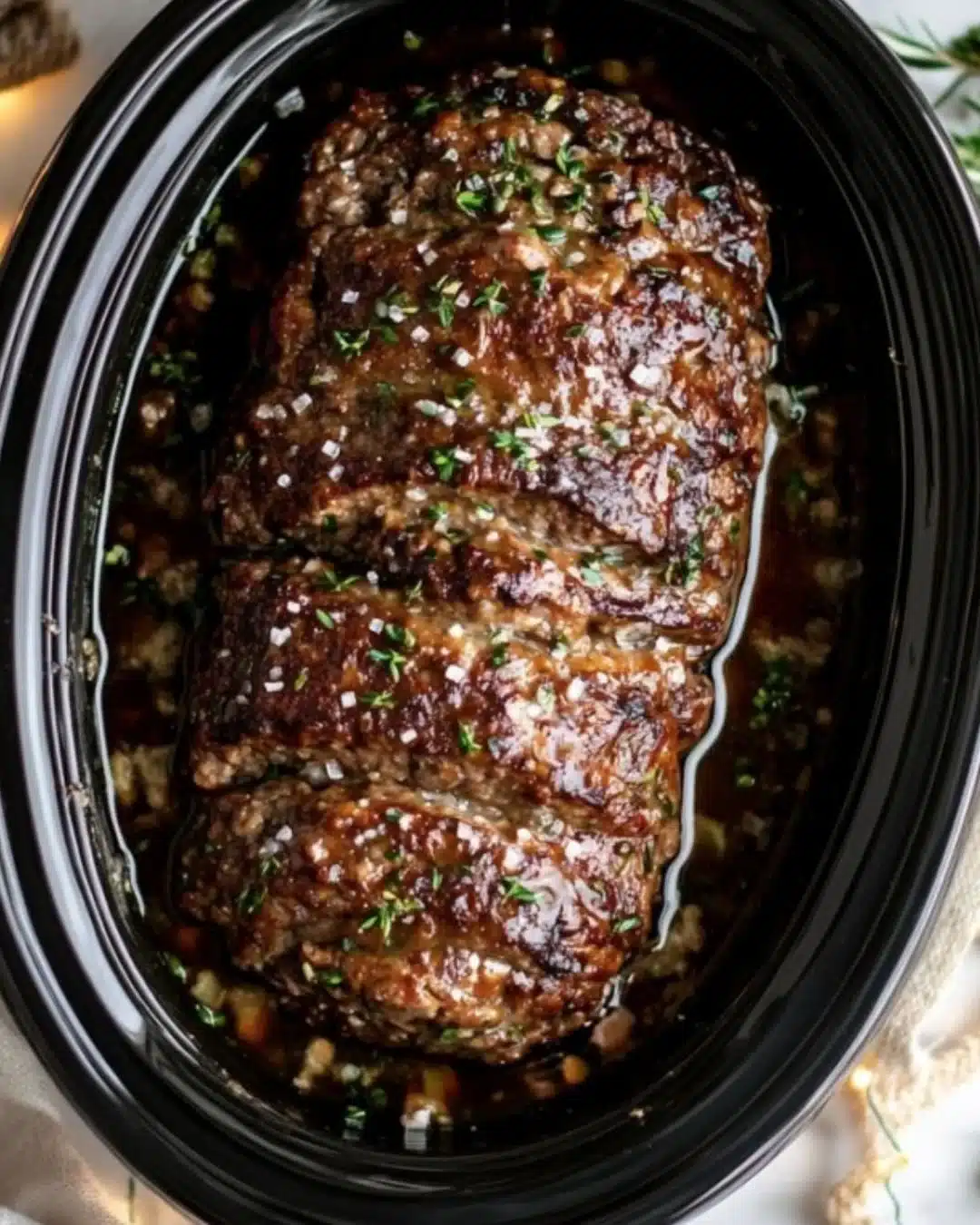 Delicious crockpot meatloaf served with mashed potatoes and greens.