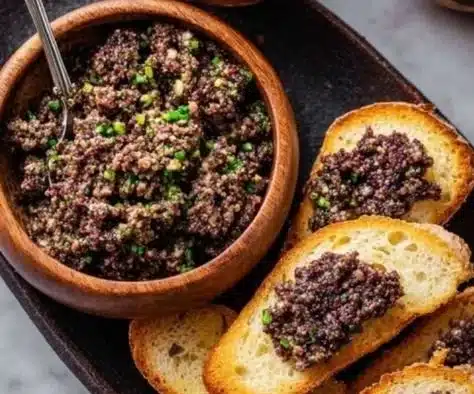 Easy olive tapenade in a bowl with bread and olives on the side