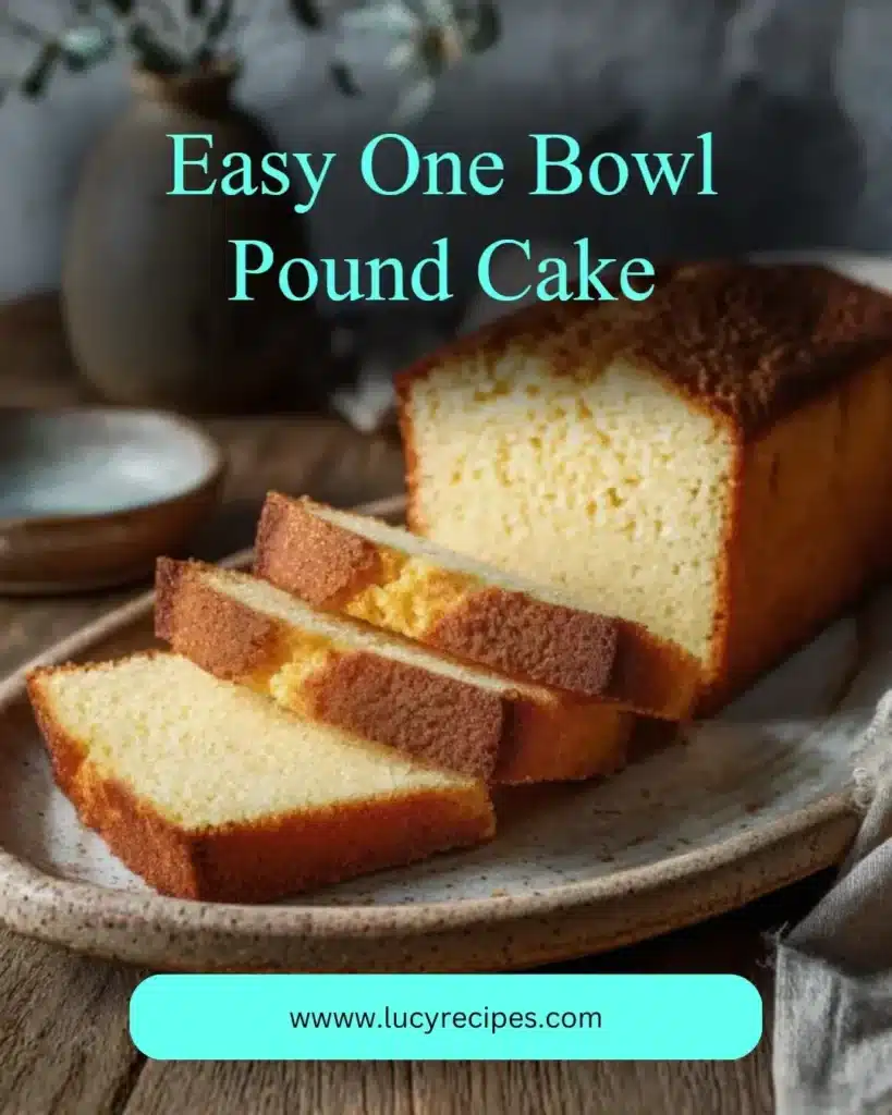 Easy one bowl pound cake ready to serve with a slice removed