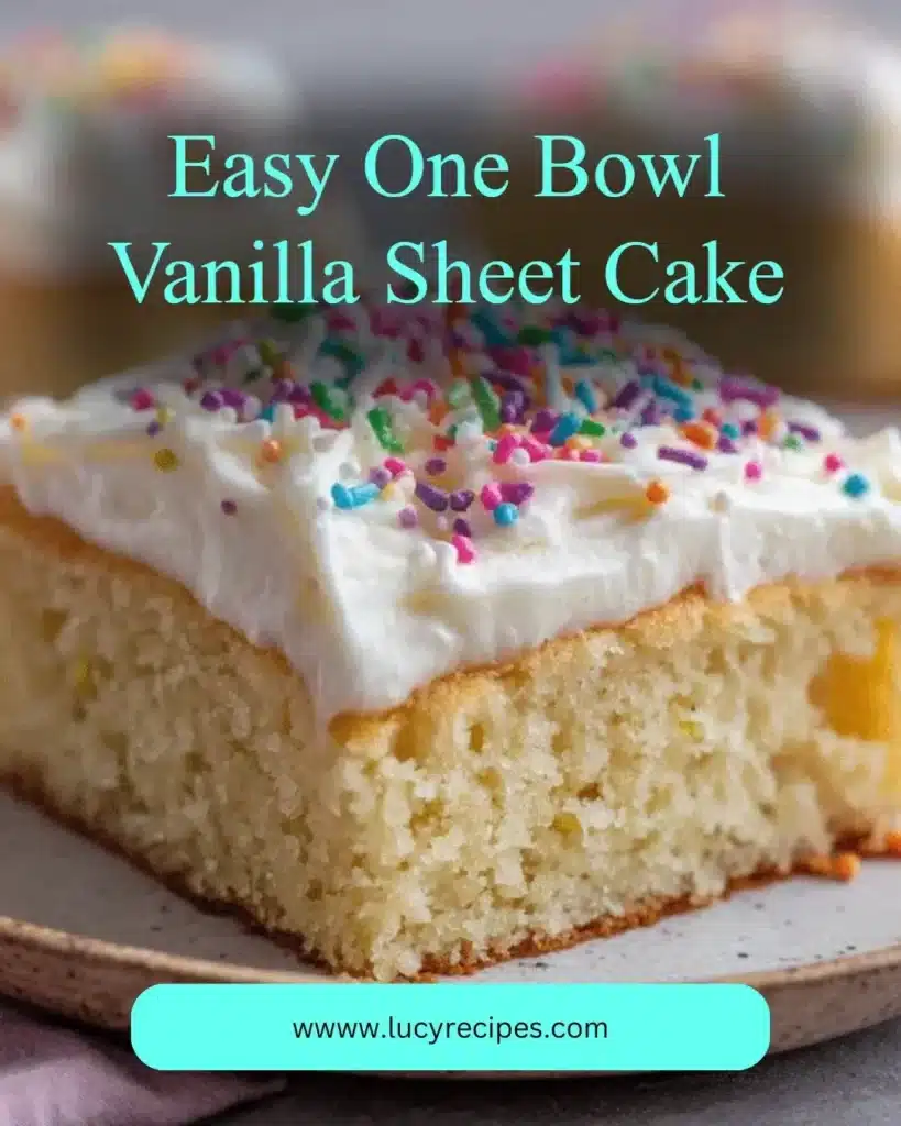 Delicious one bowl vanilla sheet cake served with frosting