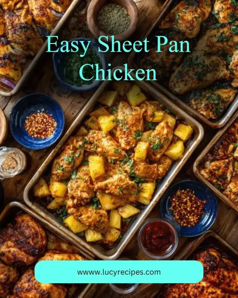 Delicious easy sheet pan chicken with vegetables on a tray ready to serve.