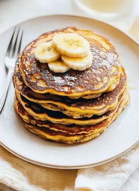 Stack of fluffy banana pancakes drizzled with syrup and topped with slices of banana