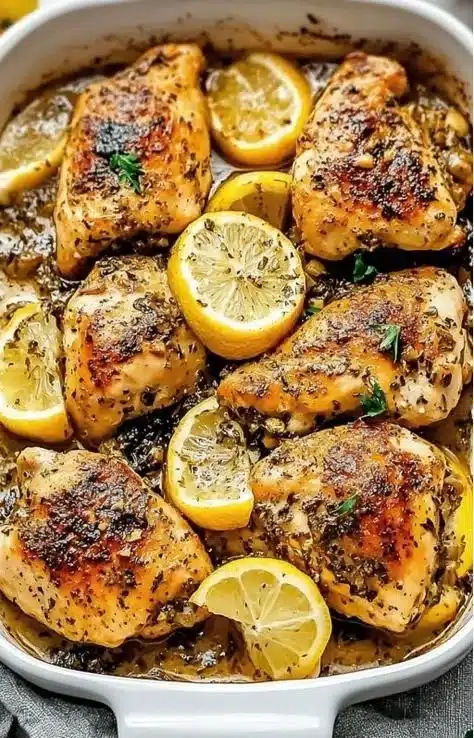 Greek Lemon Chicken Thighs served with rice on a plate.