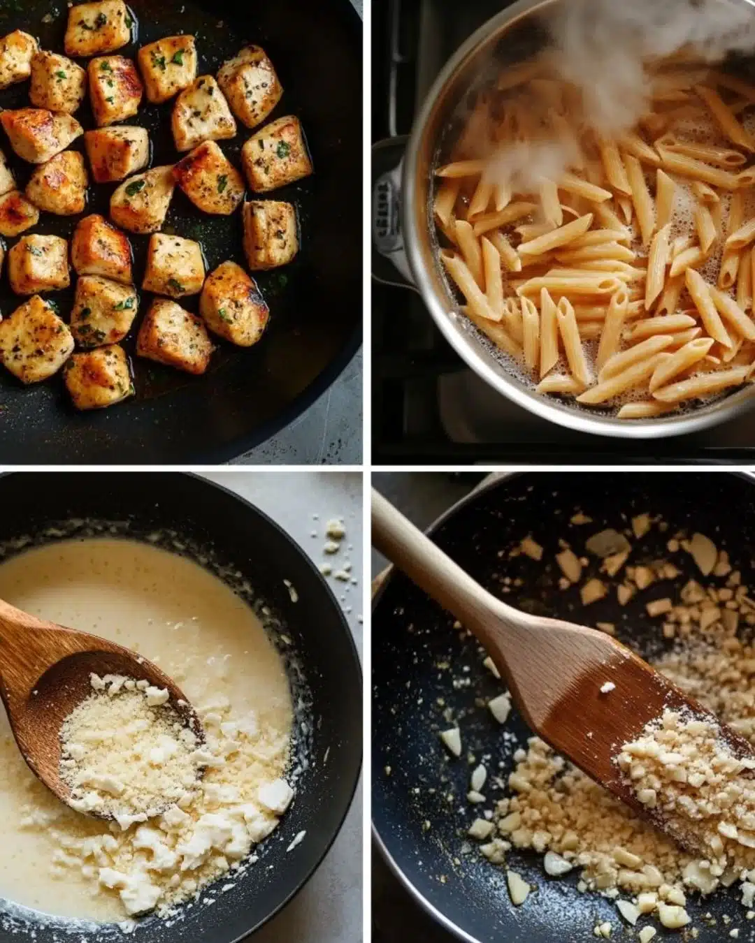 Healthy garlic parmesan chicken pasta dish served on a white plate with herbs.