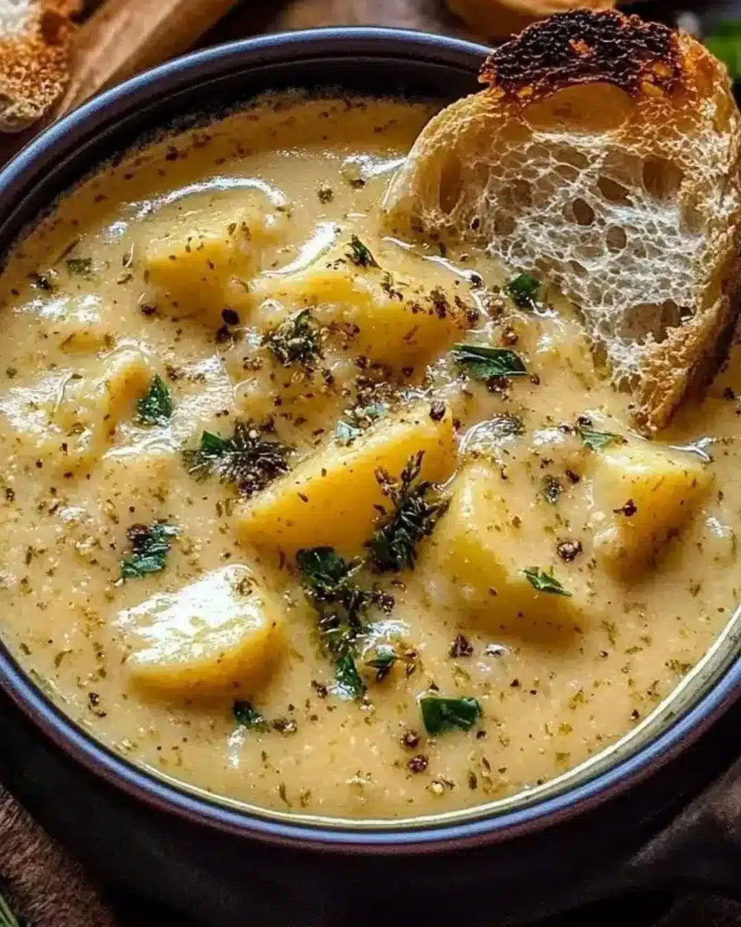 Bowl of hearty cheddar garlic herb potato soup garnished with fresh herbs